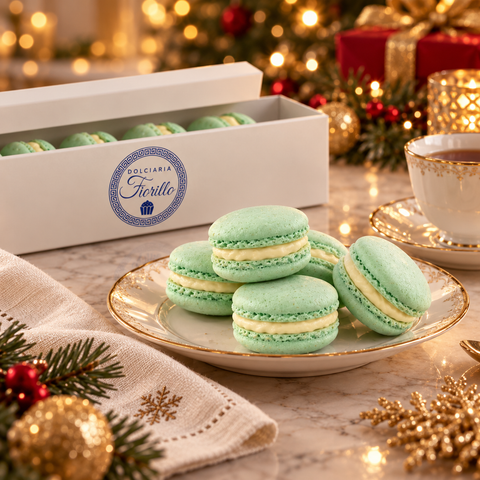 Macarons alla crema vaniglia Dolciaria Fiorillo serviti su piatto elegante con tazza in atmosfera natalizia.
