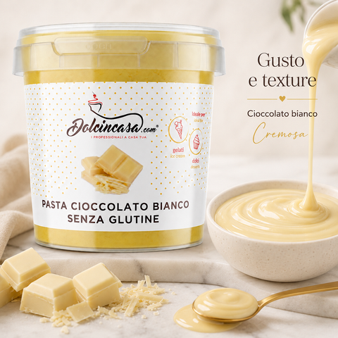Pasta Cioccolato Bianco Dolcincasa con dettaglio della texture cremosa color avorio