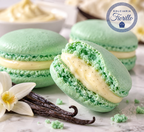 Dettaglio macro di macaron alla crema vaniglia Dolciaria Fiorillo con guscio verde e ripieno cremoso alla vaniglia.
