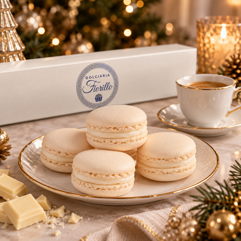 Macarons al cioccolato bianco serviti con caffè su tavola natalizia elegante, accanto alla confezione Dolciaria Fiorillo.