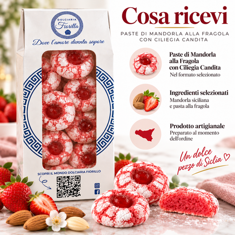 Cosa ricevi con le paste di mandorla alla fragola con ciliegia candita Dolciaria Fiorillo: confezione originale piena e prodotto nel formato selezionato.