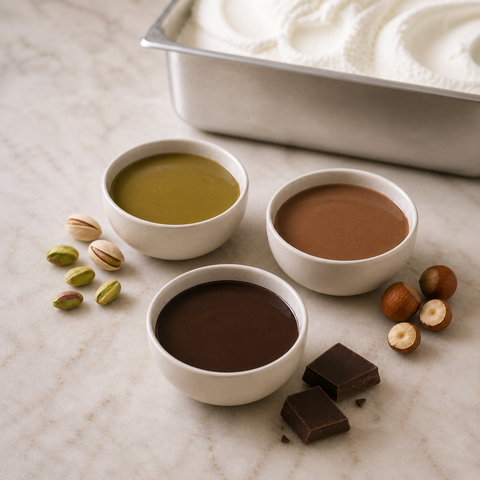 Paste gelato alla crema Dolcincasa con gusti pistacchio, nocciola e cioccolato su marmo chiaro con vaschetta di gelato artigianale