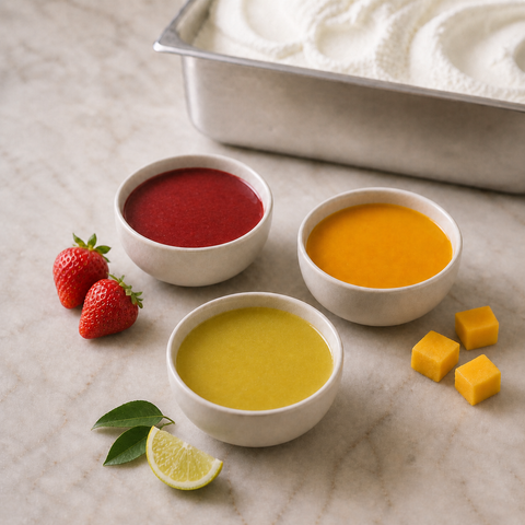 Paste gelato alla frutta Dolcincasa con gusti fragola, mango e cedro su marmo chiaro con vaschetta di gelato artigianale