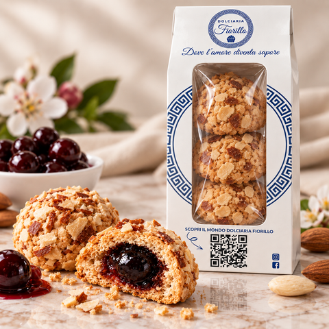 Amaretti siciliani con amarena Dolciaria Fiorillo con confezione originale, mandorle e cuore di amarena visibile.