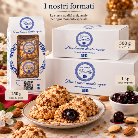 Amaretti con amarena Dolciaria Fiorillo nei formati da 250 g, 500 g e 1 kg con confezione verticale e scatole Fiorillo.