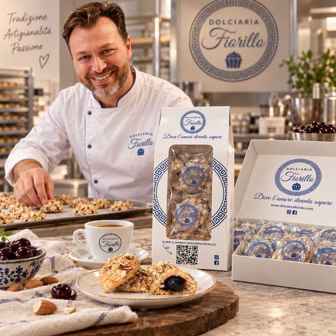 Amaretti siciliani con amarena Dolciaria Fiorillo in laboratorio con confezioni Fiorillo e cuore di amarena visibile.