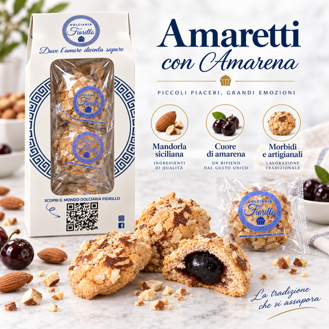 Amaretti siciliani con amarena Dolciaria Fiorillo con mandorla siciliana, cuore di amarena e lavorazione artigianale.