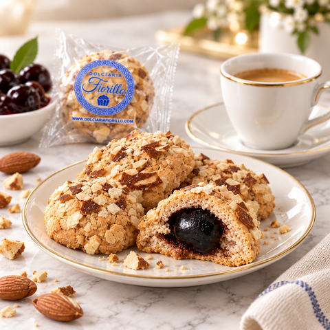Amaretti siciliani con amarena Dolciaria Fiorillo serviti con caffè, mandorle e confezione singola.