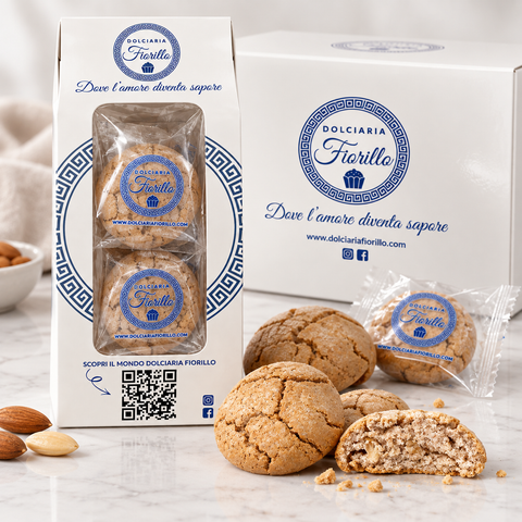 Amaretti siciliani artigianali Dolciaria Fiorillo con confezione originale, biscotti alla mandorla e dettaglio dell'interno.