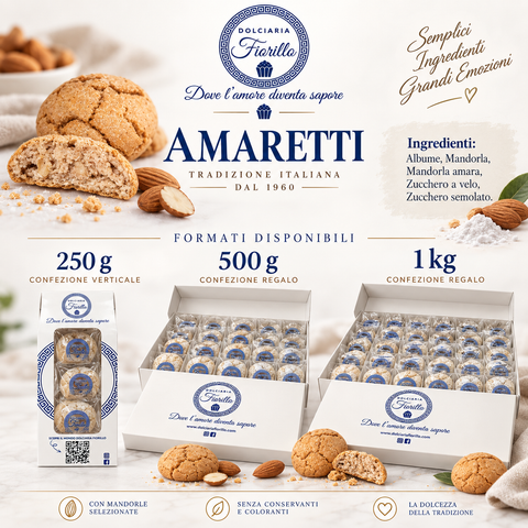 Amaretti Dolciaria Fiorillo nei formati da 250 g, 500 g e 1 kg con confezione verticale e scatole regalo.