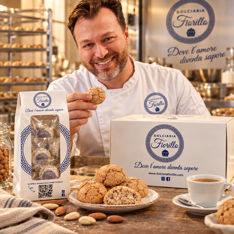 Amaretti siciliani Dolciaria Fiorillo in ambiente di laboratorio con confezione originale e biscotti alla mandorla.
