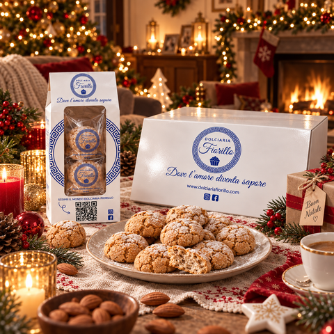 Amaretti siciliani Dolciaria Fiorillo su tavola natalizia con confezione originale, scatola regalo e atmosfera delle feste.