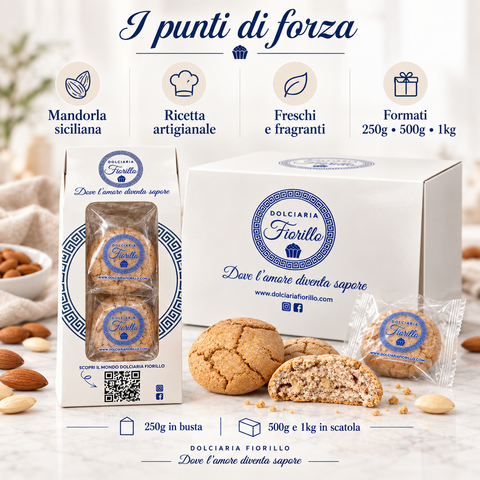 Amaretti siciliani Dolciaria Fiorillo con mandorla siciliana, lavorazione artigianale e formati da 250 g, 500 g e 1 kg.
