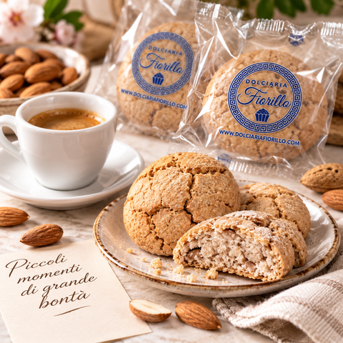 Amaretti siciliani artigianali Dolciaria Fiorillo serviti con caffè e mandorle in una scena premium.