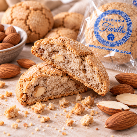 Dettaglio della texture degli amaretti siciliani Dolciaria Fiorillo con superficie screpolata e interno alla mandorla.