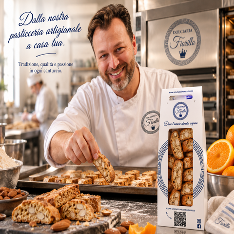 Lavorazione artigianale dei cantucci di mandorla Dolciaria Fiorillo in laboratorio con confezione originale.