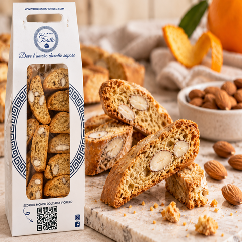 Dettaglio della texture dei cantucci di mandorla artigianali Dolciaria Fiorillo con mandorle visibili e superficie croccante.