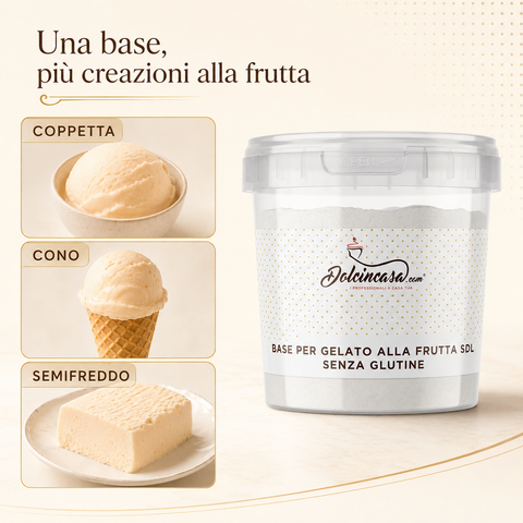 Base per gelato alla frutta senza glutine Dolcincasa con idee di servizio in coppetta, cono e semifreddo