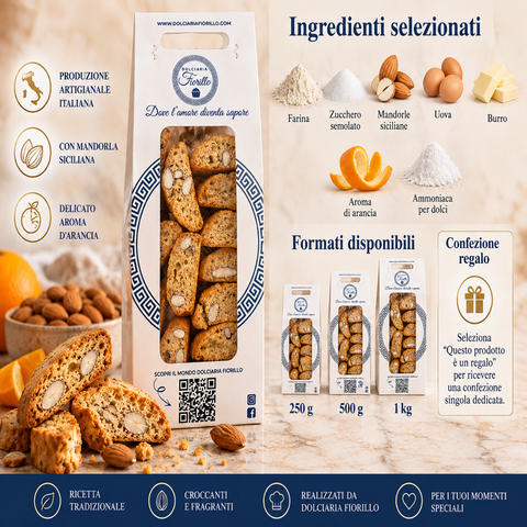 Cantucci di mandorla Dolciaria Fiorillo con ingredienti, formati da 250 g, 500 g e 1 kg e opzione confezione regalo.