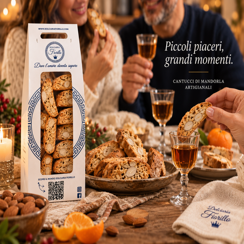 Cantucci di mandorla artigianali Dolciaria Fiorillo serviti a tavola in un momento conviviale natalizio.