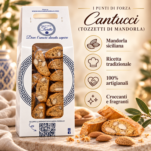 Cantucci di mandorla artigianali Dolciaria Fiorillo con mandorla siciliana, ricetta tradizionale e consistenza croccante.