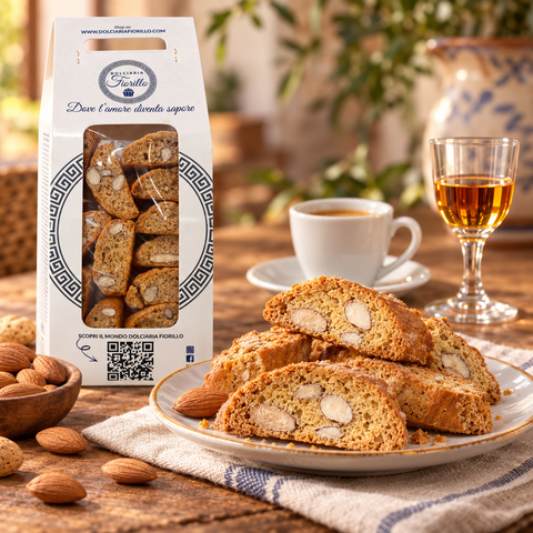 Cantucci di mandorla artigianali Dolciaria Fiorillo serviti con caffè e bevanda da dessert.
