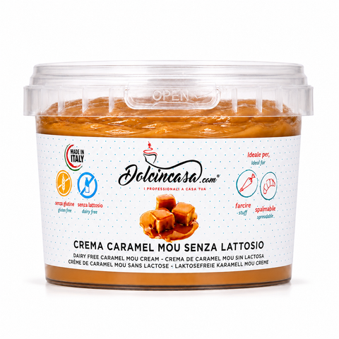 Crema Caramel Mou Senza Lattosio Dolcincasa in barattolo, foto prodotto su sfondo bianco con crema visibile