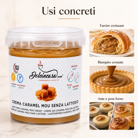 Crema Caramel Mou Senza Lattosio Dolcincasa per farcire croissant, riempire crostate e preparazioni ante e post forno