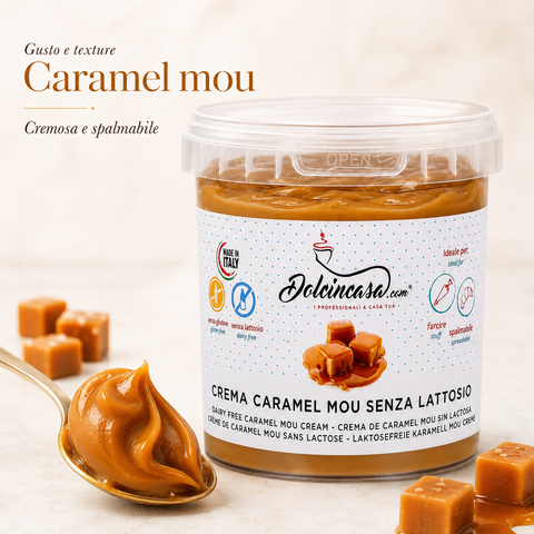 Crema Caramel Mou Senza Lattosio Dolcincasa, gusto caramel mou con texture cremosa e spalmabile
