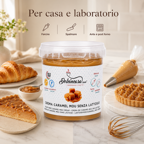 Crema Caramel Mou Senza Lattosio Dolcincasa per casa e laboratorio, ideale per farcire, spalmare e preparazioni ante e post forno
