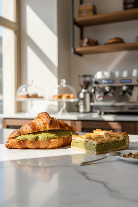 Croissant e crostata con crema al pistacchio verticale