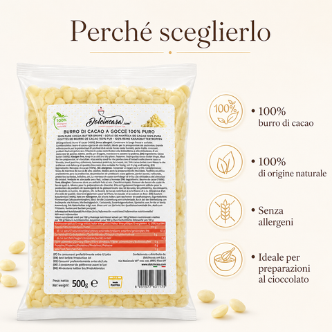 Burro di Cacao a Gocce Dolcincasa 100% puro di origine naturale senza allergeni per preparazioni al cioccolato