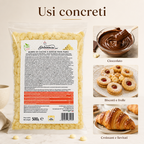 Come usare il Burro di Cacao a Gocce Dolcincasa preleva sciogli e utilizza nelle preparazioni dolciarie