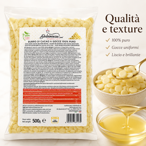 Gocce di burro di cacao Dolcincasa con texture liscia brillante e qualità 100% pura