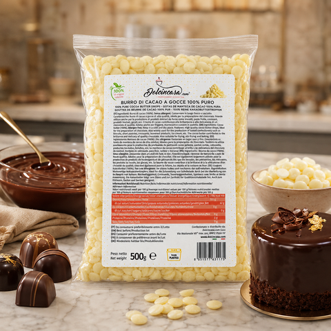 Burro di Cacao a Gocce Dolcincasa in scena lifestyle premium con dolci artigianali e cioccolato
