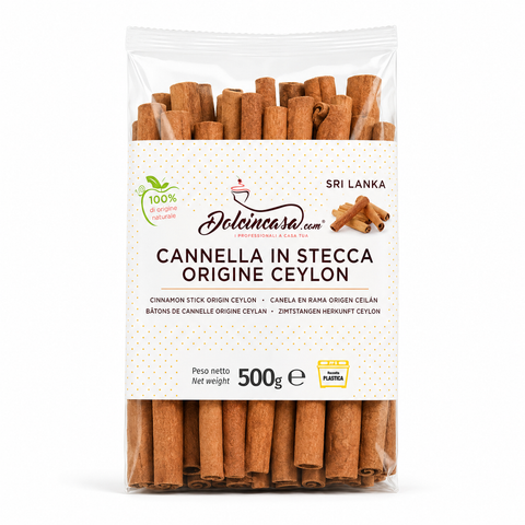 Cannella in stecca origine Ceylon Dolcincasa 500 g in busta trasparente, foto prodotto premium su sfondo bianco per Amazon e Shopify.
