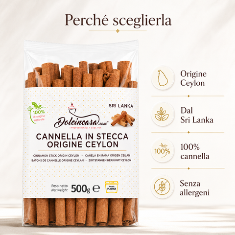 Cannella Regina in stecca origine Ceylon Dolcincasa 500 g con benefici principali: origine Ceylon, Sri Lanka, 100% cannella e senza allergeni.
