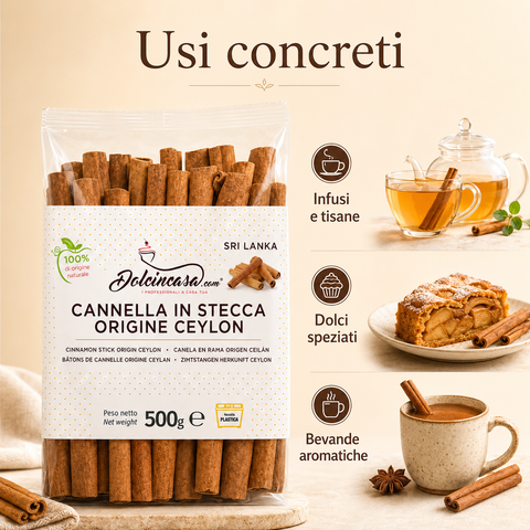 Cannella in stecca origine Ceylon Dolcincasa per infusi, tisane, dolci speziati e bevande aromatiche.