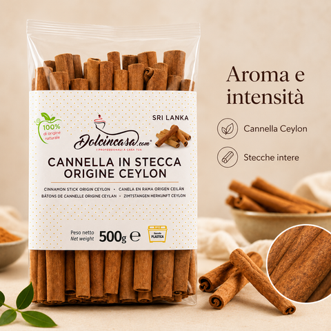 Cannella in stecca Ceylon Dolcincasa 500 g con focus su aroma, intensità, stecche intere e texture della cannella.
