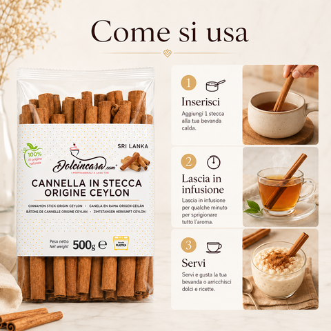  Come usare la cannella in stecca Ceylon Dolcincasa: inserisci, lascia in infusione e servi bevande o dolci aromatici.