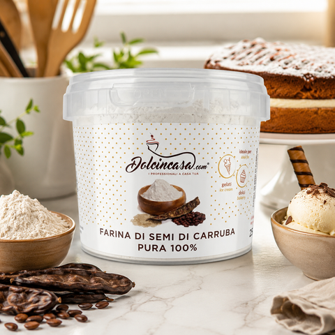 Farina di semi di carruba pura 100% Dolcincasa in cucina con dolci, gelati e preparazioni premium