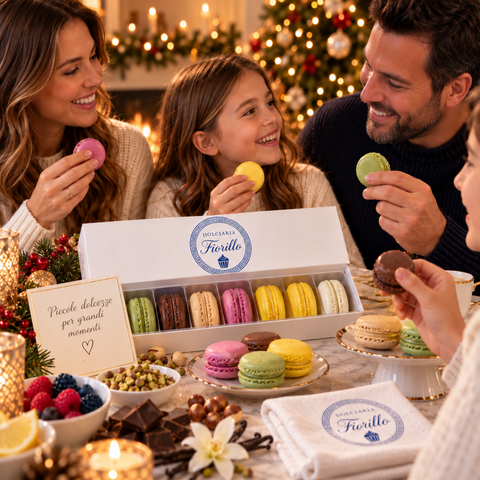 Famiglia riunita a Natale mentre condivide macarons assortiti Dolciaria Fiorillo con confezione mista in primo piano.