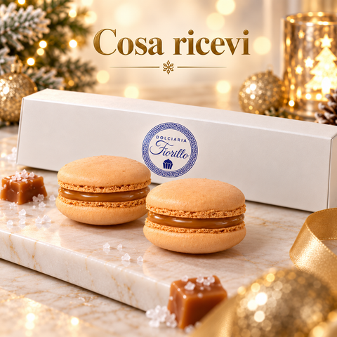 Confezione Dolciaria Fiorillo con macarons al caramello salato e ripieno cremoso color caramello.