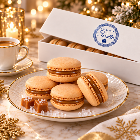 Macarons al caramello salato Dolciaria Fiorillo serviti con caffe in un elegante momento natalizio.
