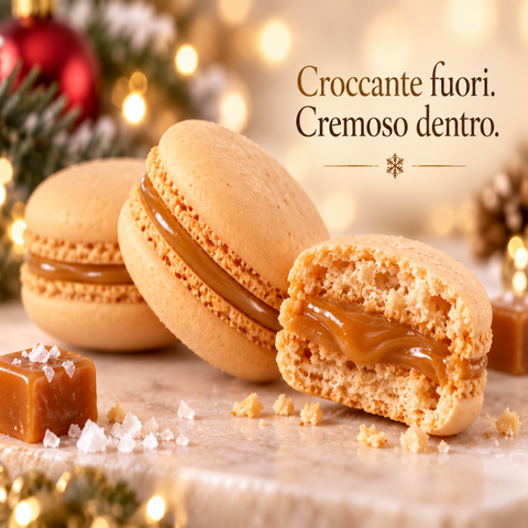 Dettaglio texture dei macarons al caramello salato con guscio e ripieno cremoso ambrato.