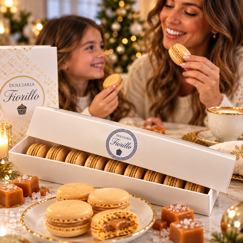 Momento natalizio con macarons al caramello salato Dolciaria Fiorillo condivisi a tavola.