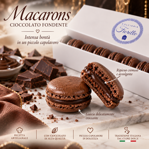 Macarons al cioccolato fondente Dolciaria Fiorillo con guscio delicato e ripieno cremoso al cioccolato.