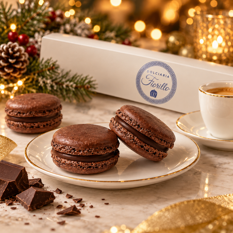 Macarons al cioccolato fondente Dolciaria Fiorillo serviti con caffè in una raffinata atmosfera natalizia.