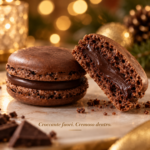 Dettaglio della texture dei macarons al cioccolato fondente Dolciaria Fiorillo con guscio e cuore cremoso.