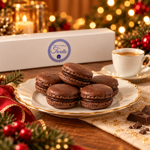 Macarons al cioccolato fondente Dolciaria Fiorillo presentati su piatto elegante con caffè per il servizio.